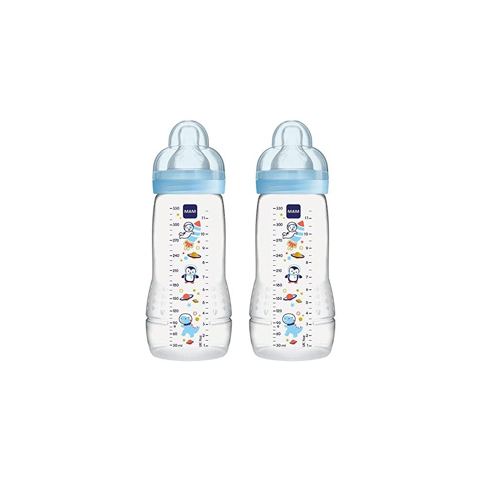 MAM Easy Active Baby Bottle with Fast Flow MAM Teats Size 3, Twin Pack of Baby Bottles, Baby Feeding, 330 ml, Blue (Designs May Vary)