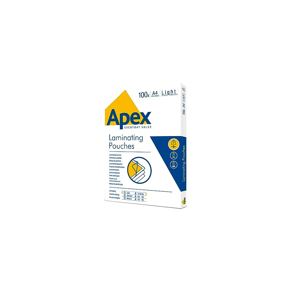 Fellowes Apex A4 Laminating Pouches, Glossy Finish, 100 Sheets - Light Duty - Ideal for Notices and Photos