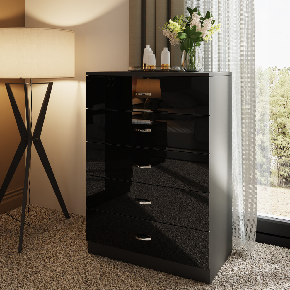 (Gloss Black) 5 Drawer Gloss Chest Of Drawers Bedroom Storage