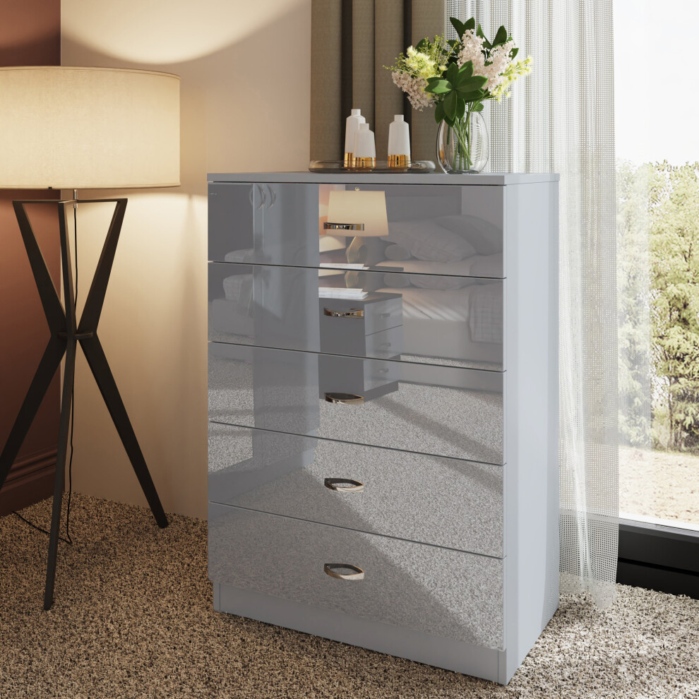 (Gloss Grey) 5 Drawer Gloss Chest Of Drawers Bedroom Storage