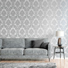SL43461 Silver Grey Damask Wallpaper - Floral Pattern, Metallic Finish, Peelable & Washable Roll (5.2m2)
