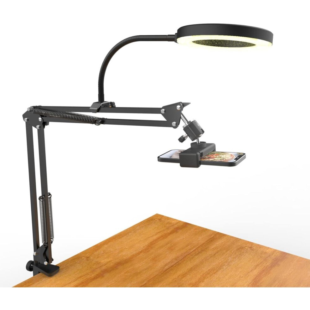 Overhead Phone Mount with Ring Light, Flexible Articulating Phone Arm Stand Compatible, Desk Tripod for YouTube Live Stream Video Recording