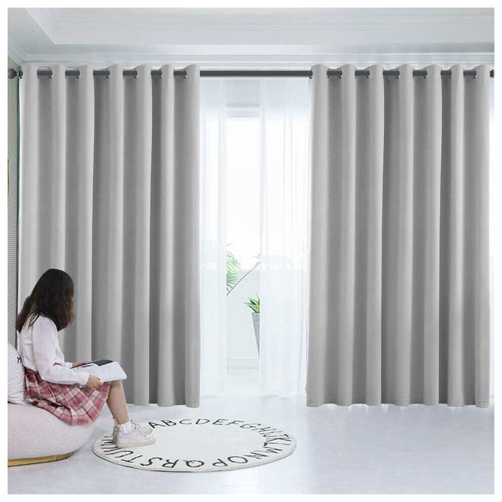 (Silver Grey, 66" x 72") Insulated Heavy Thermal Blackout Curtains Pair Eyelet Ring Top Ready Made Window Panel Free Tieback