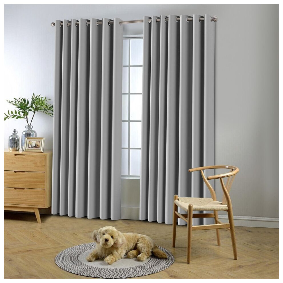 (Silver Grey, 90" x 90") Insulated Heavy Thermal Blackout Curtains Pair Eyelet Ring Top Ready Made Window Panel Free Tieback