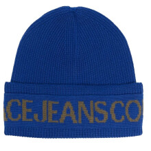 VERSACE JEANS COUTURE Big Beanie Hat Blue Olive Logo Cuff, blue, Large