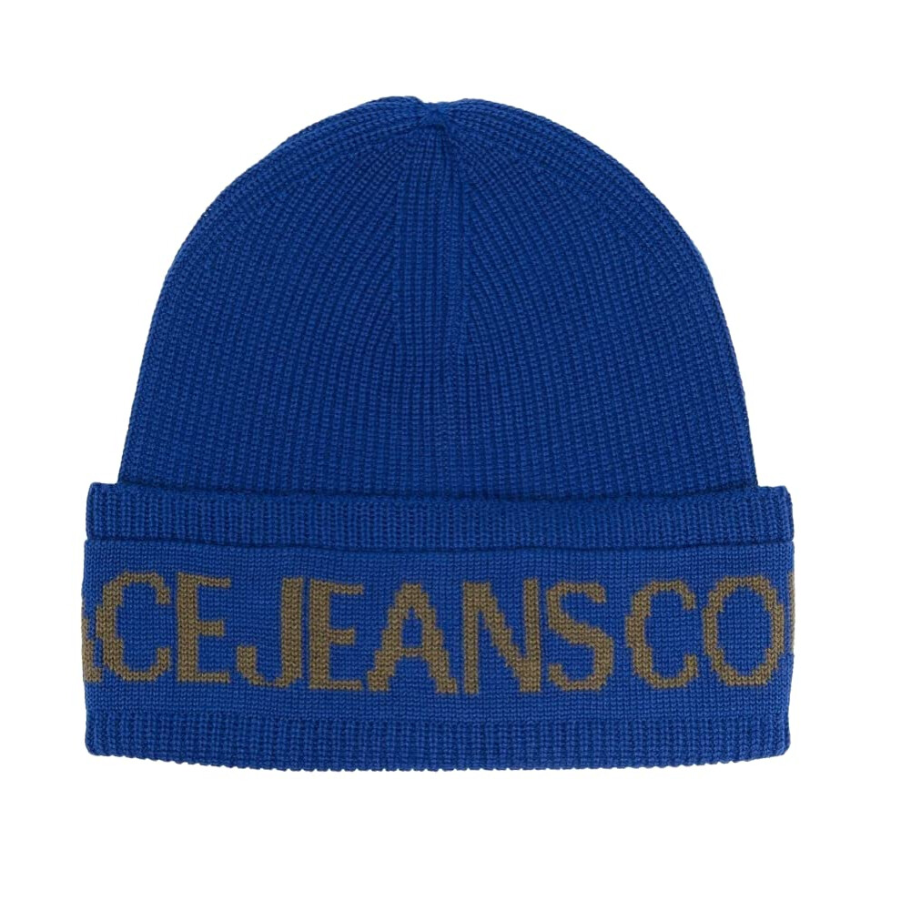 VERSACE JEANS COUTURE Big Beanie Hat Blue Olive Logo Cuff, blue, Large