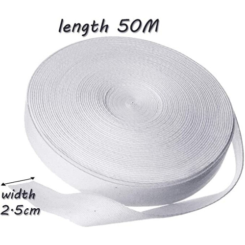 WAREHOUSESHOP Herringbone Tape, Cotton, White, 50 Meter (25mm) 1