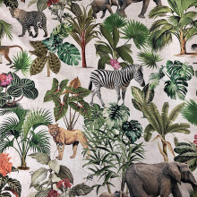 Safari Zoo African Animal Digital Print Fabric Tropical Jungle Palm Flower Leaf Culla Linen Look Material - 138cm Wide Canvas (1 Metre)