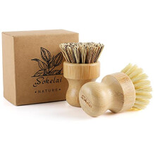 Wokelai Bamboo washing up brushes set for kitchen - Eco Friendly Natural wood Sisal fibre bristle dish brush for Dishwashing Cast Iron Pots Pans