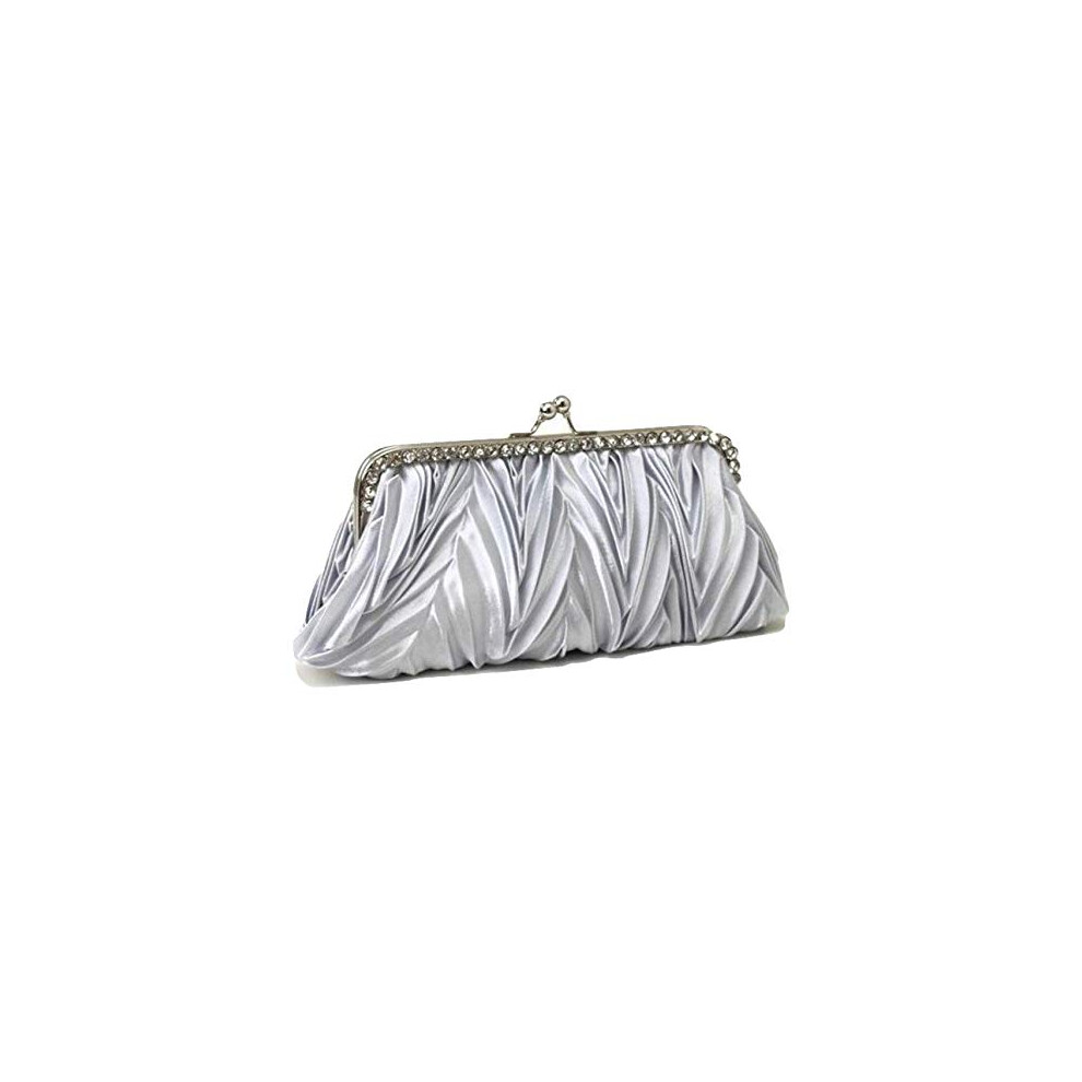 Vintage Soft Satin Wave Pleated Crystal Evening Clutch Handbag Wedding Bags (Silver)