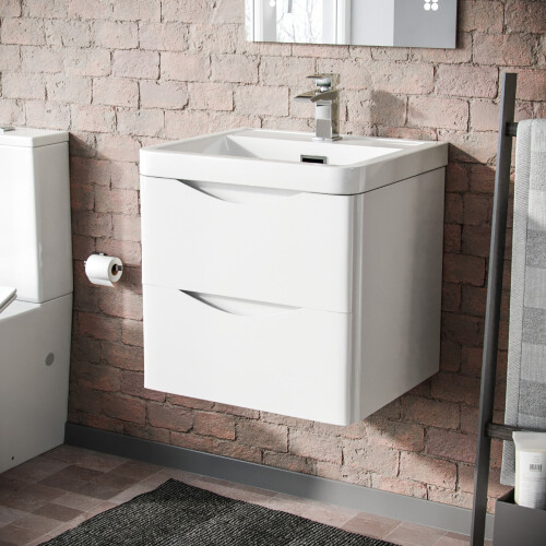 NES Home 500mm White Wall Hung Basin Vanity Unit 2 Drawer Bathroom Storage Cabinet Gloss
