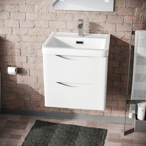 NES Home 500mm White Wall Hung Basin Vanity Unit 2 Drawer Bathroom Storage Cabinet Gloss 1