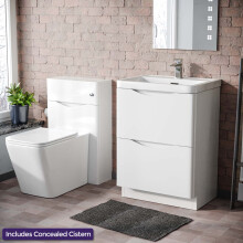 Merton 600 Freestanding White Vanity Cabinet, WC & Rimless Square BTW Toilet Set