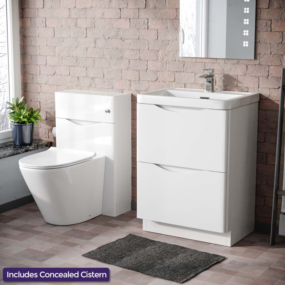 Merton White 600 Freestanding Vanity Cabinet, WC & Modern BTW Toilet