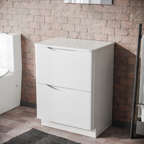 NES Home 600mm Gloss White 2 Drawer Work Top Freestanding Vanity Unit Bathroom | Merton