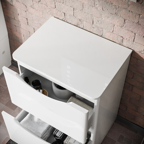 NES Home 600mm Gloss White 2 Drawer Work Top Freestanding Vanity Unit Bathroom | Merton 2
