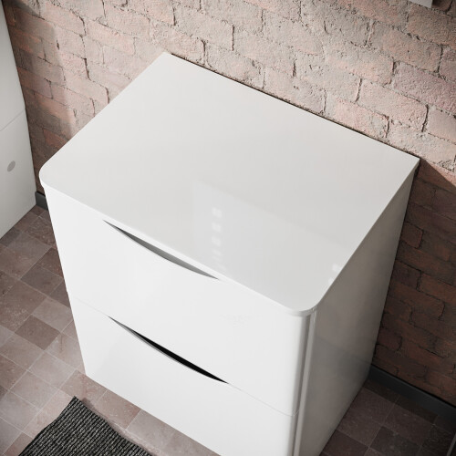 NES Home 600mm Gloss White 2 Drawer Work Top Freestanding Vanity Unit Bathroom | Merton 1