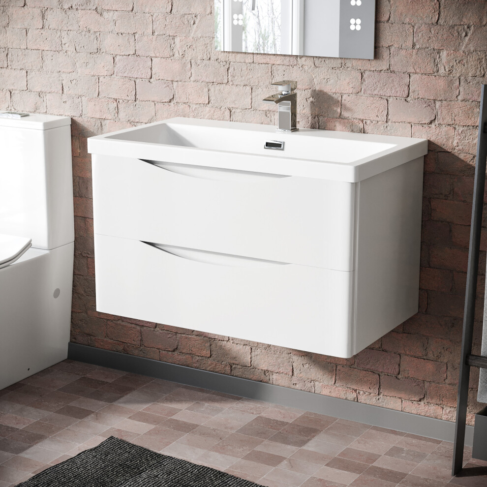 Nes Home | Modern 800mm White Wall Hung Basin Sink Vanity with Storage Drawers