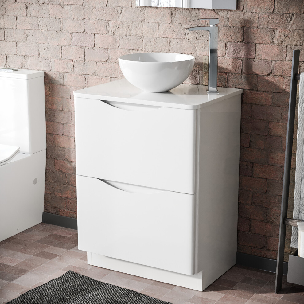 Merton White 600mm Bathroom Freestanding Vanity Unit With Round Ceramic Basin