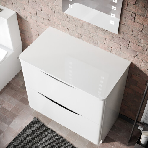 NES Home 800mm Gloss White 2 Drawer Work Top Freestanding Vanity Unit Bathroom | Merton 1