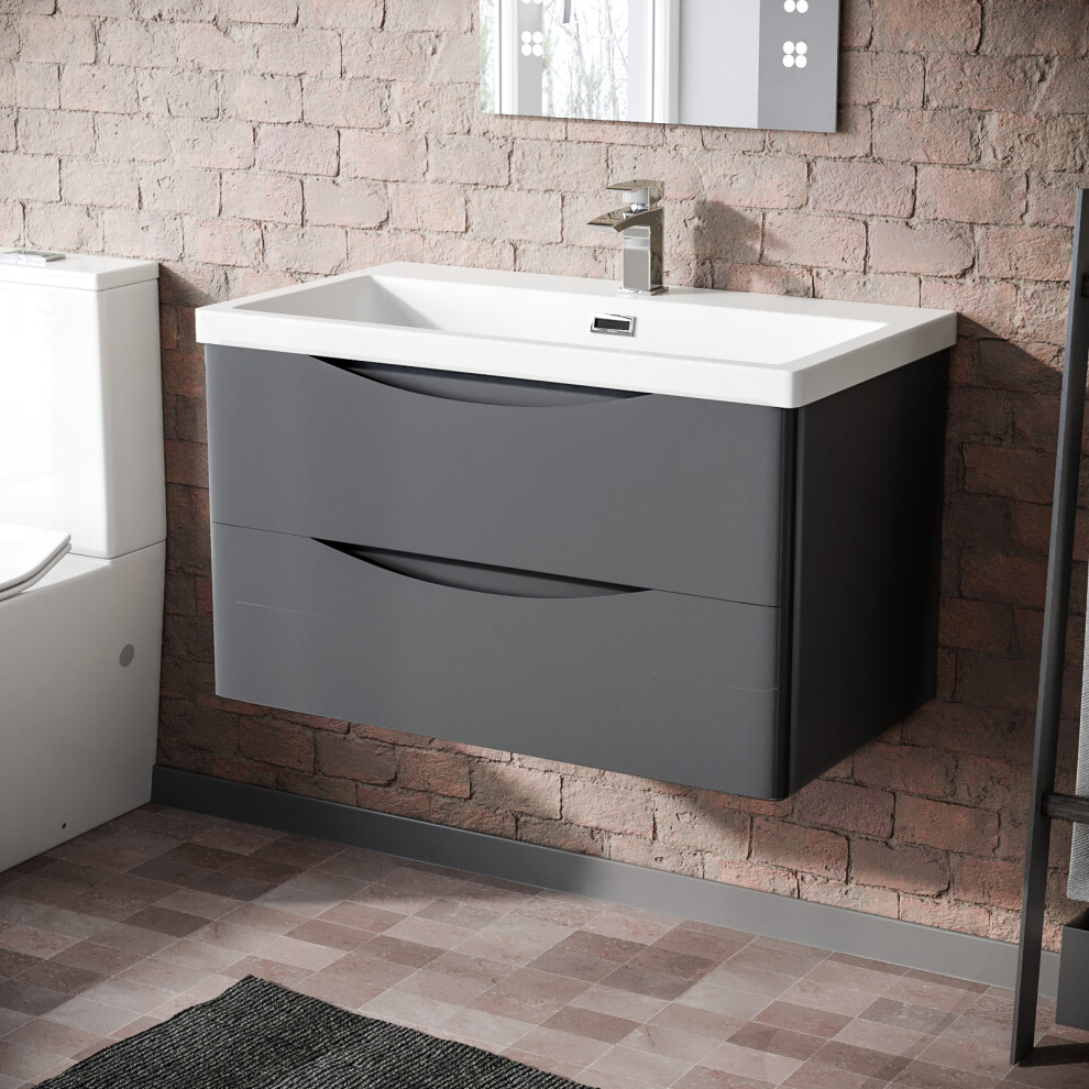 Nes Home Modern 800mm Steel Grey Wall Hung Basin Sink Vanity