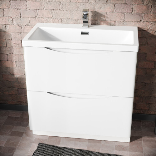 NES Home Modern 800mm Freestanding Gloss White Basin Vanity Sink 2 Drawer | Merton 1