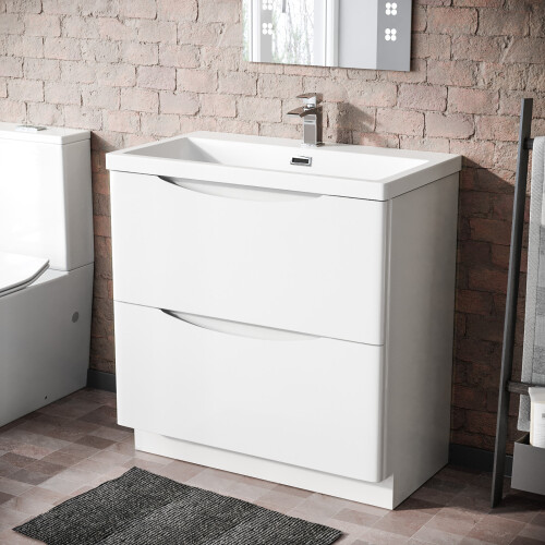NES Home Modern 800mm Freestanding Gloss White Basin Vanity Sink 2 Drawer | Merton