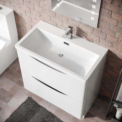 NES Home Modern 800mm Freestanding Gloss White Basin Vanity Sink 2 Drawer | Merton 2