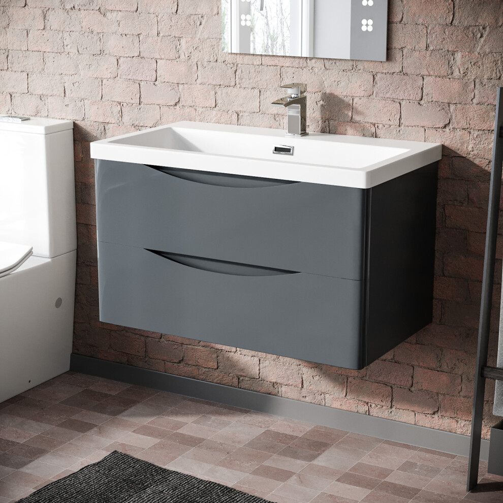 Merton | Modern 800mm MDF Grey Wall Hung Drawer & Resin White Basin Sink Vanity