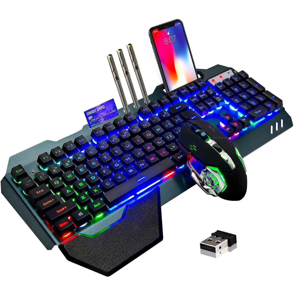 Wireless Gaming Keyboard And Mouse,Rainbow Backlit Rechargeable Keyboard Mouse With 3800Mah Battery Metal Panel,Removable Hand Rest Mechanical Feel Ke 7669442808556
