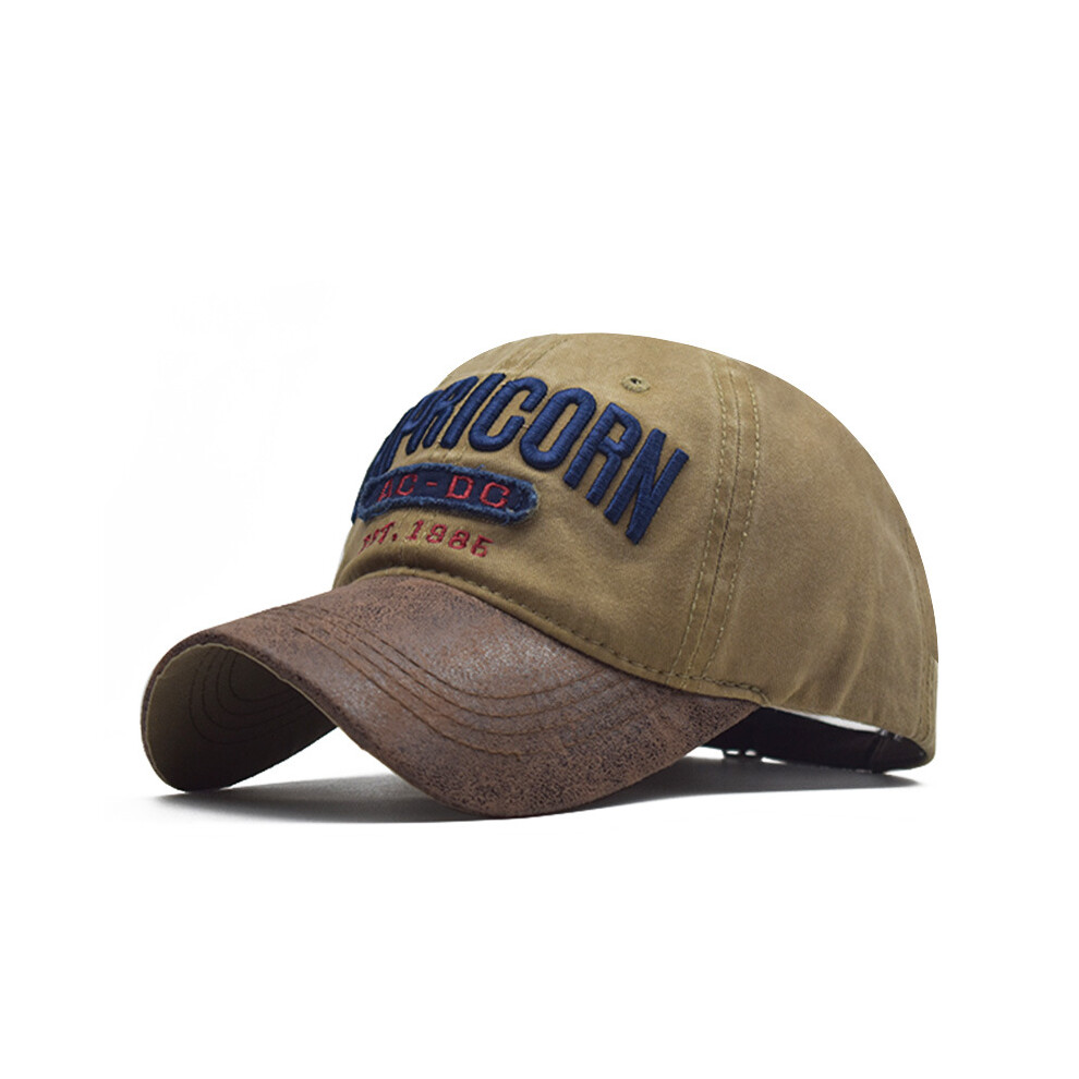 (Khaki) Duck Tongue Cap Pu Splicing Distressed Cotton Baseball Cap 3d Letter Embroidery