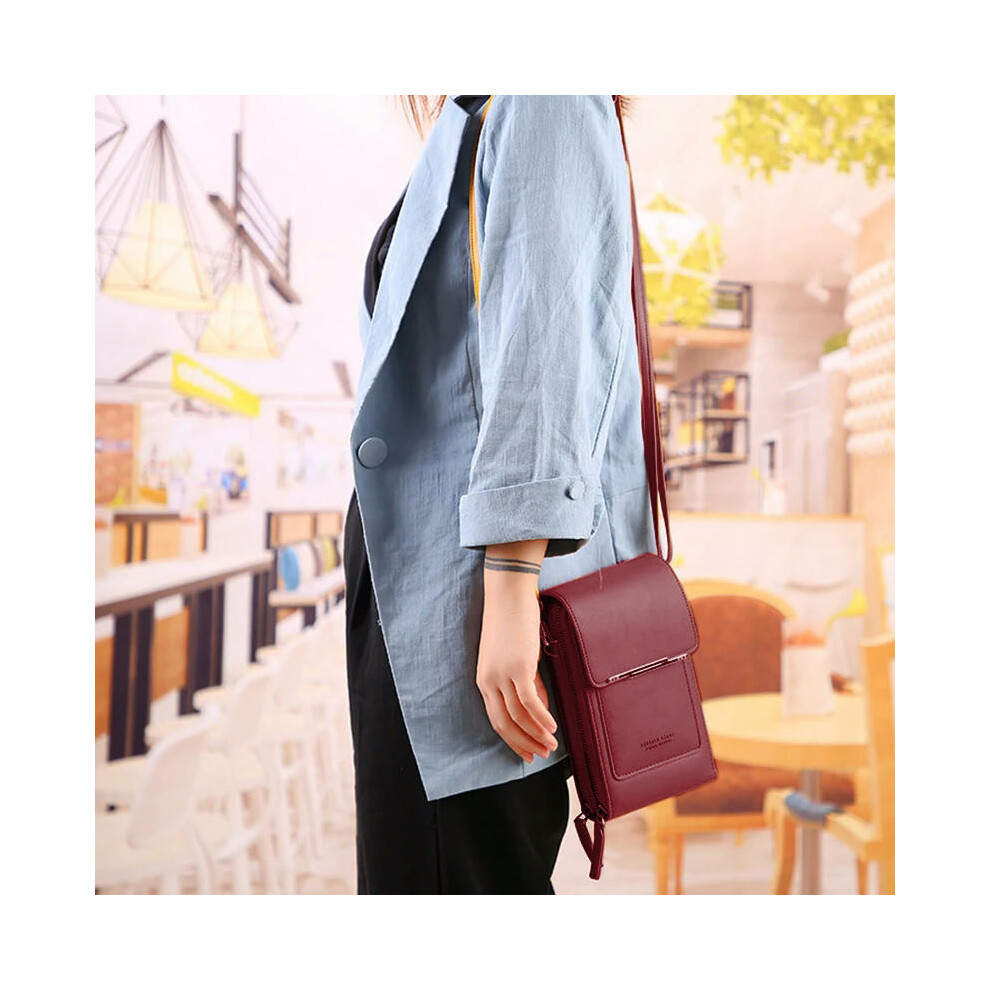 (Red wine) Ladies Touch Screen Cell Phone Purse Smartphone Wallet PU Leather Shoulder Strap Handbag Women Bag Fashion mobile wallet 2024