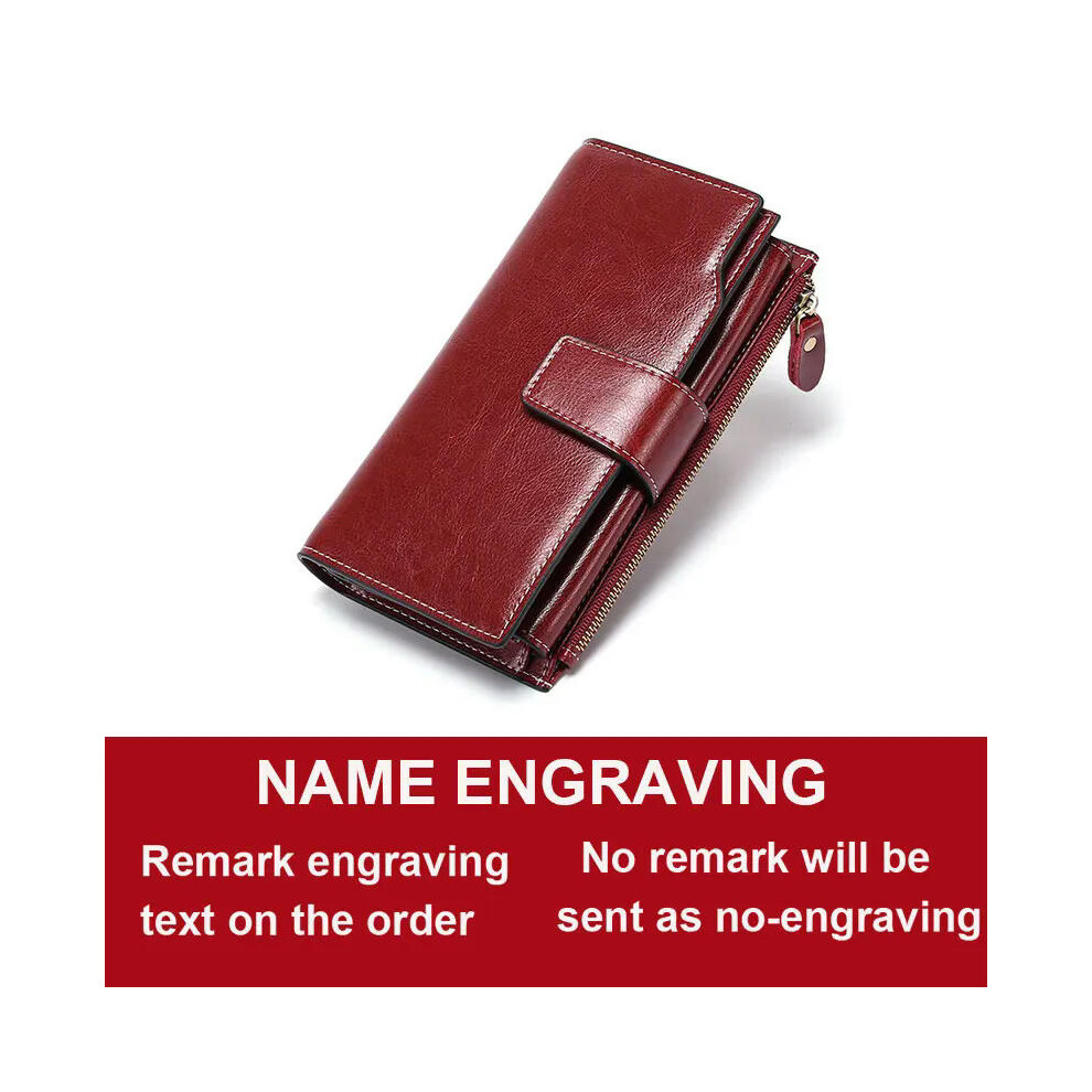 (Wine Red Name) 2024 New Rfid Long Women Wallets Clutch Zipper Coin Pocket Female Print Wallet Quality Card Holder Genuine Leather Women Purse