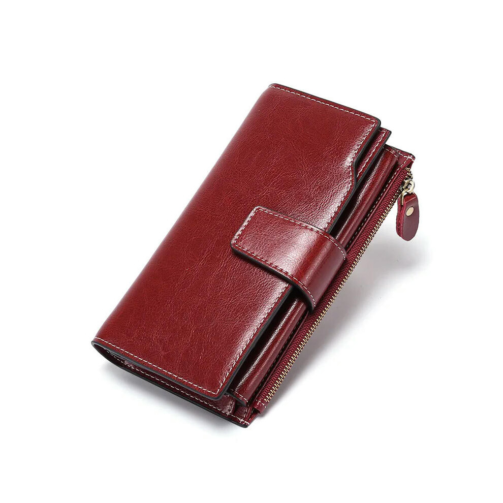 (Wine Red) 2024 New Rfid Long Women Wallets Clutch Zipper Coin Pocket Female Print Wallet Quality Card Holder Genuine Leather Women Purse