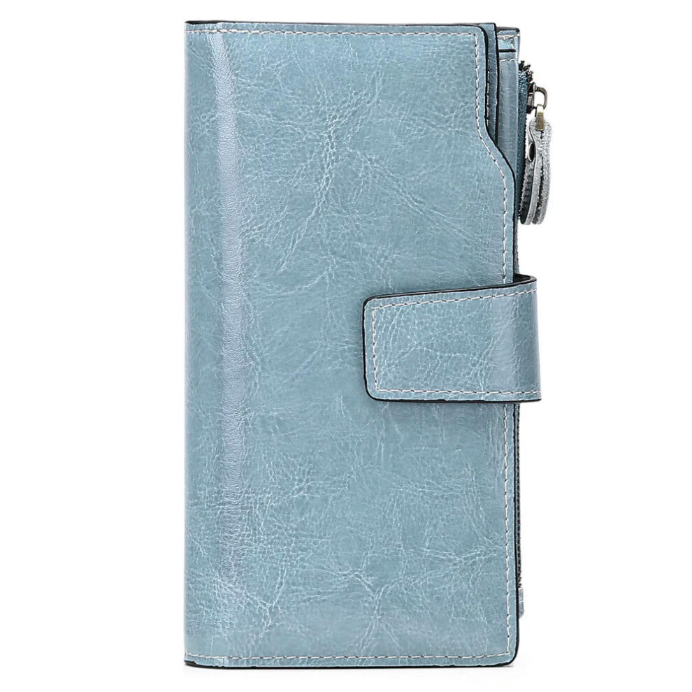 (Light Blue) 2024 New Rfid Long Women Wallets Clutch Zipper Coin Pocket Female Print Wallet Quality Card Holder Genuine Leather Women Purse