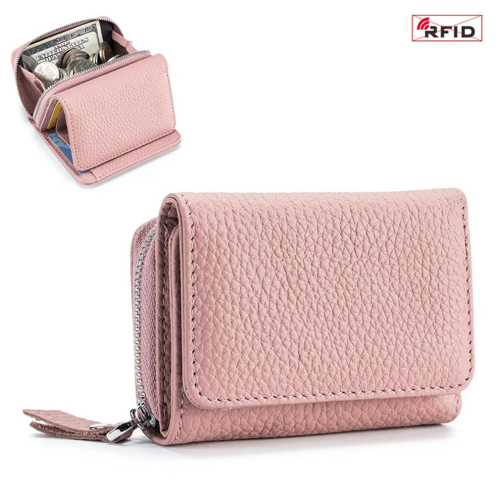 (pink) 2024 New Women's Short Mini Wallet Coin Purse RFID Blocking Trifold Button Short Purse Ladies Genuine Leather Card Holder Wallet