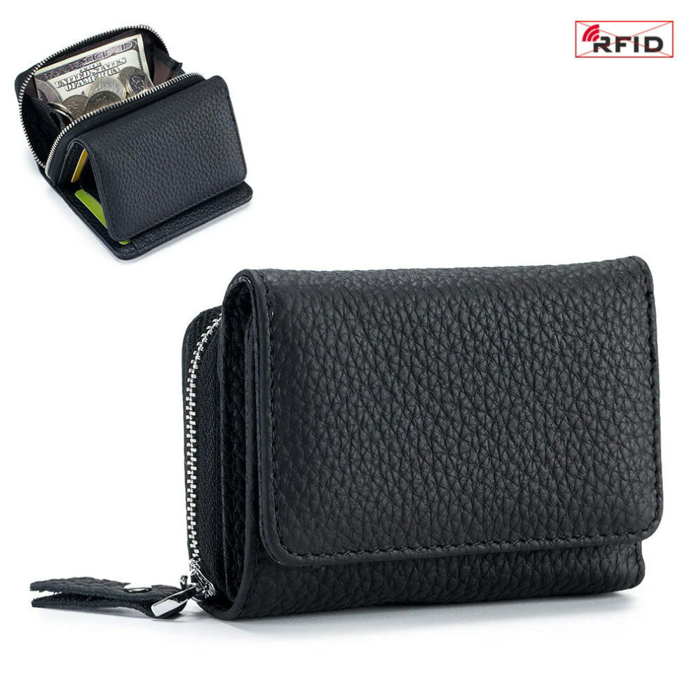 (Black) 2024 New Women's Short Mini Wallet Coin Purse RFID Blocking Trifold Button Short Purse Ladies Genuine Leather Card Holder Wallet