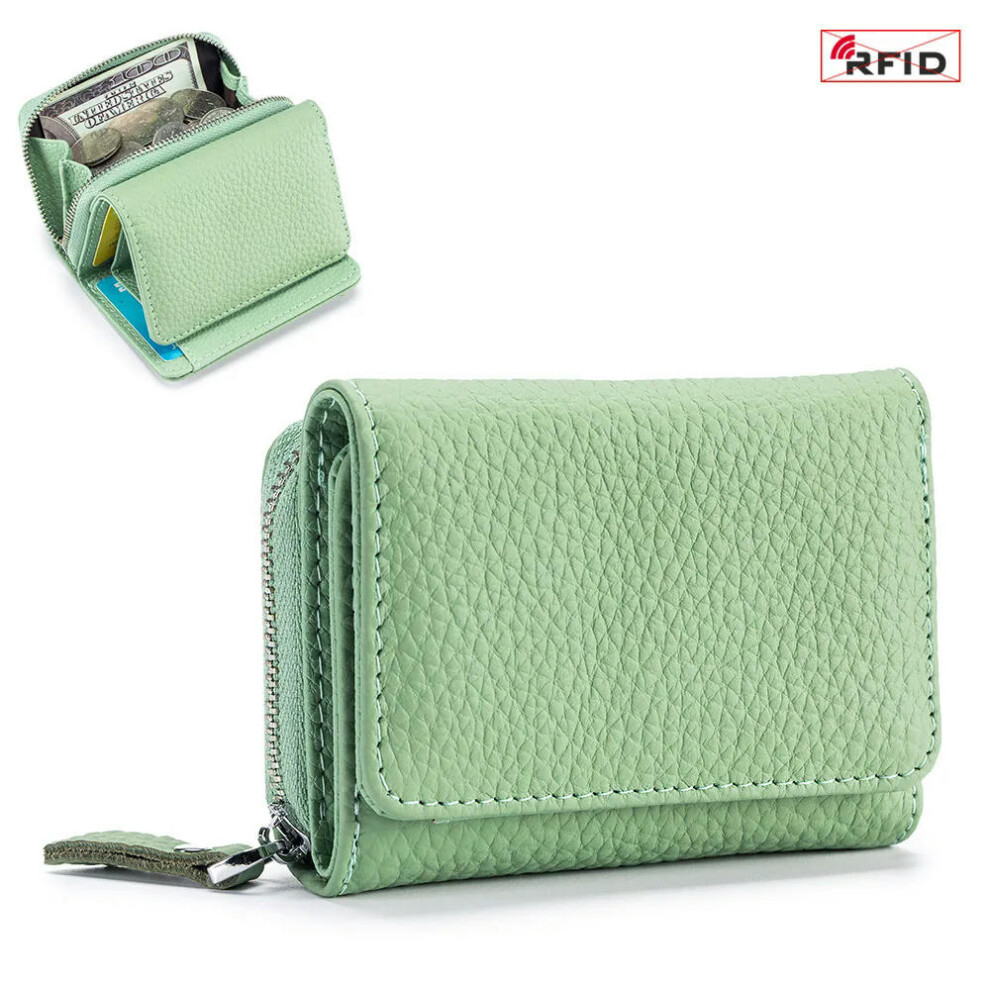 (light green) 2024 New Women's Short Mini Wallet Coin Purse RFID Blocking Trifold Button Short Purse Ladies Genuine Leather Card Holder Wallet