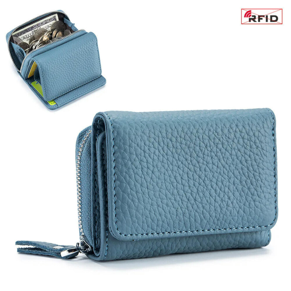 (denim blue) 2024 New Women's Short Mini Wallet Coin Purse RFID Blocking Trifold Button Short Purse Ladies Genuine Leather Card Holder Wallet