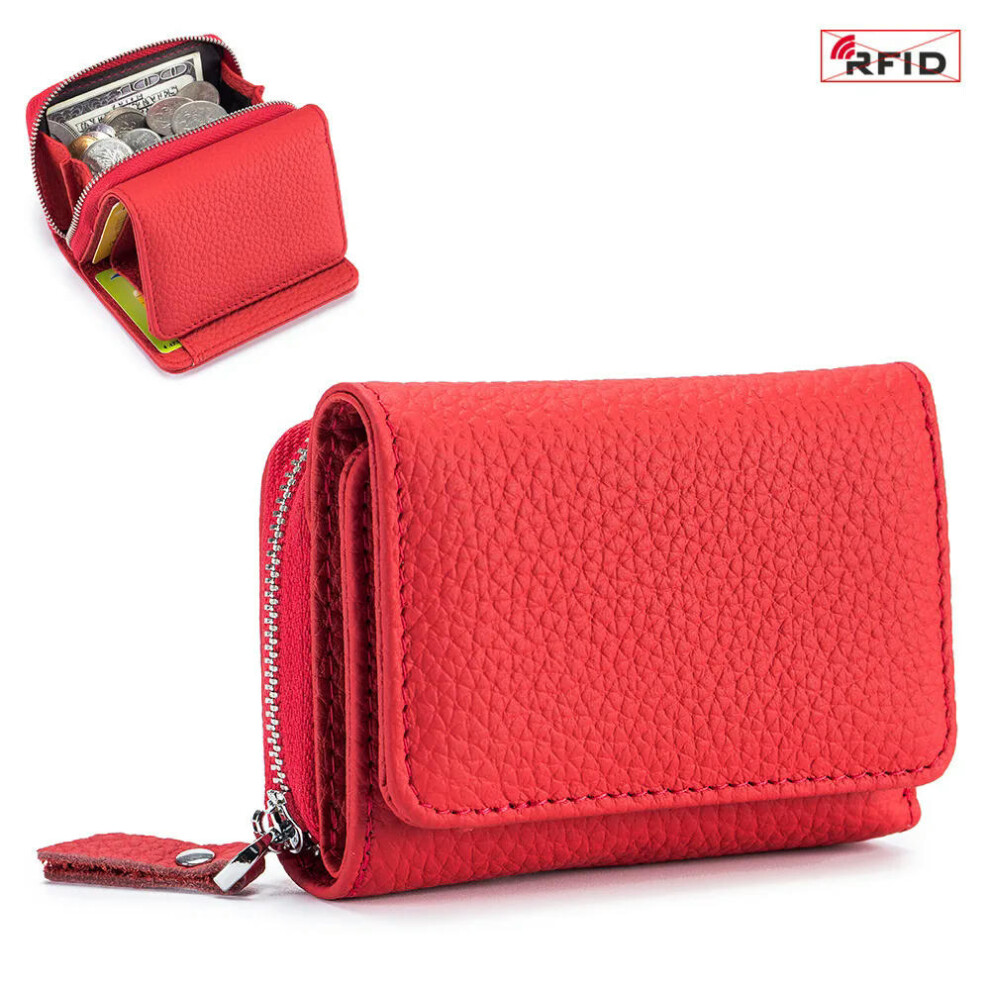 (red) 2024 New Women's Short Mini Wallet Coin Purse RFID Blocking Trifold Button Short Purse Ladies Genuine Leather Card Holder Wallet