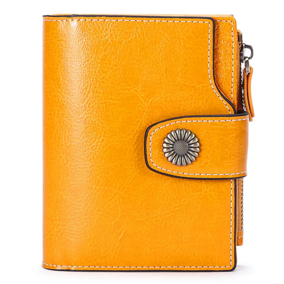 (Ancient yellow) SENDEFN Brand Fashion Women Wallet Genuine Leather RFID Protection Wallets With Zipper Girl Coin Purse Fold Card Holder Wallet