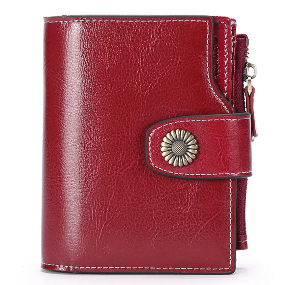 (Wine red) SENDEFN Brand Fashion Women Wallet Genuine Leather RFID Protection Wallets With Zipper Girl Coin Purse Fold Card Holder Wallet