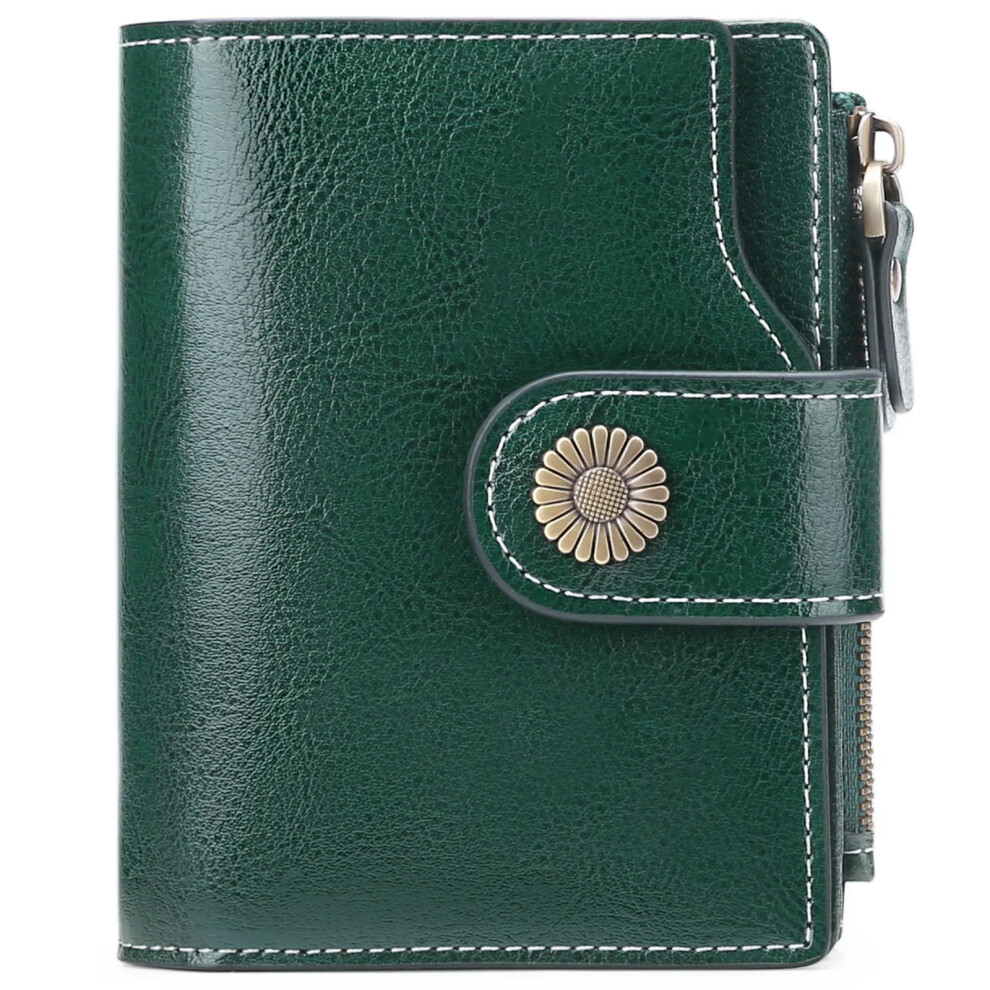 (Dark green) SENDEFN Brand Fashion Women Wallet Genuine Leather RFID Protection Wallets With Zipper Girl Coin Purse Fold Card Holder Wallet