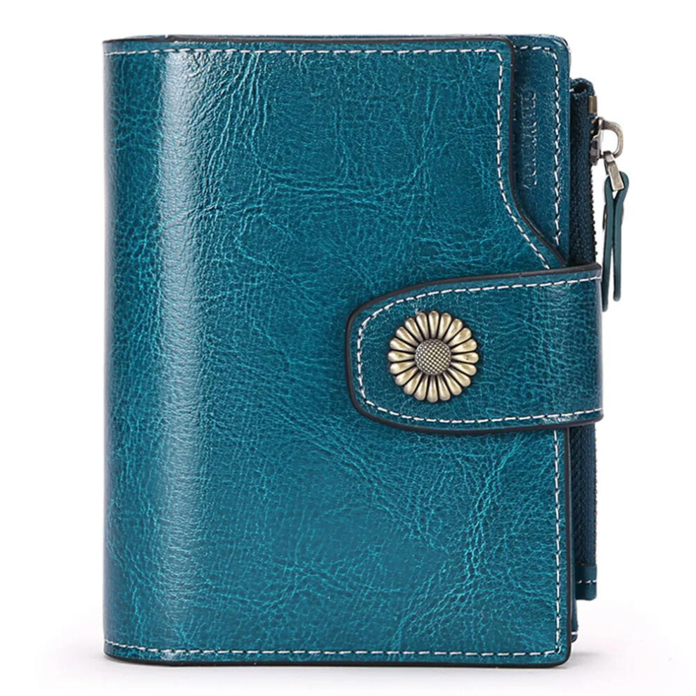 (Peacock blue) SENDEFN Brand Fashion Women Wallet Genuine Leather RFID Protection Wallets With Zipper Girl Coin Purse Fold Card Holder Wallet