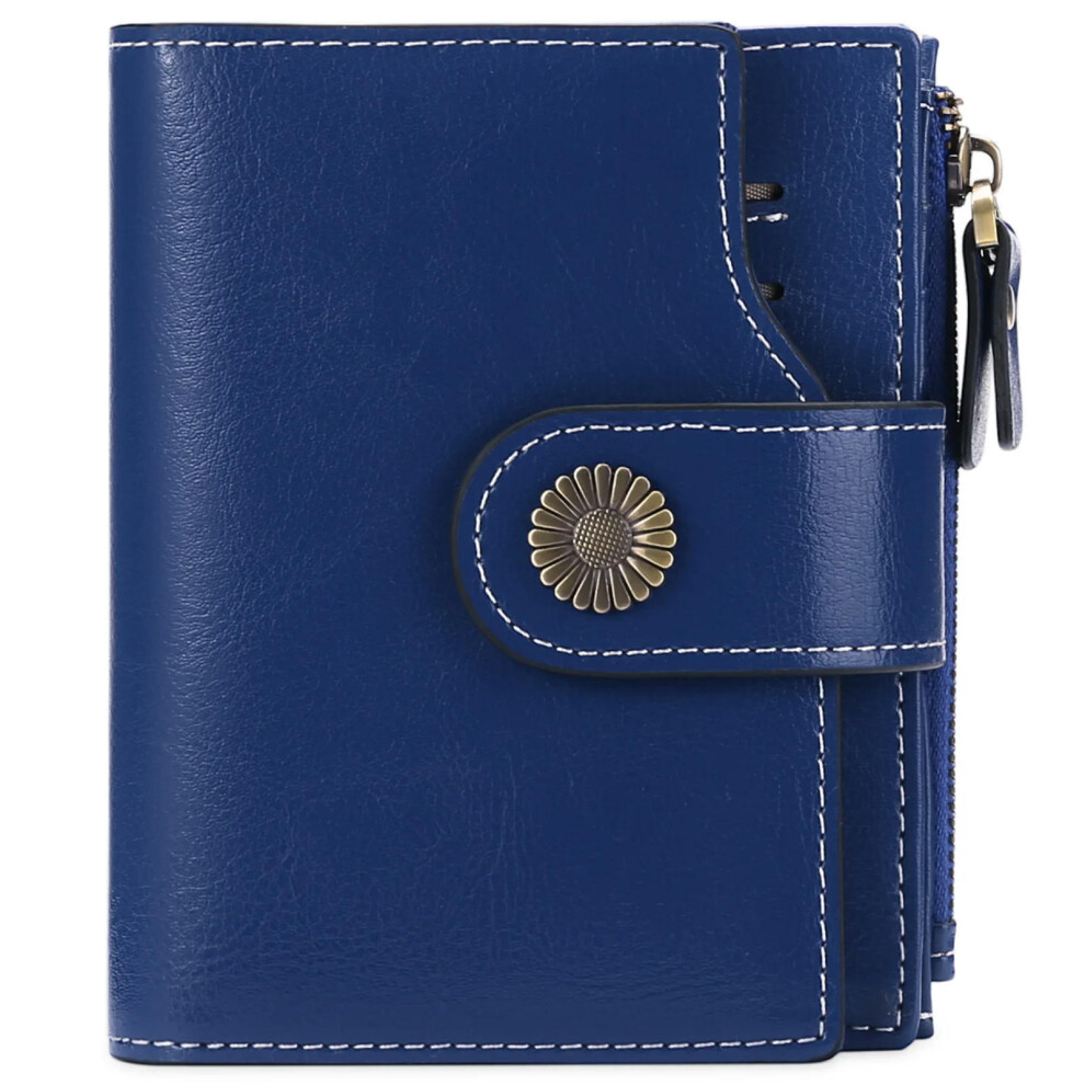 (Blue) SENDEFN Brand Fashion Women Wallet Genuine Leather RFID Protection Wallets With Zipper Girl Coin Purse Fold Card Holder Wallet