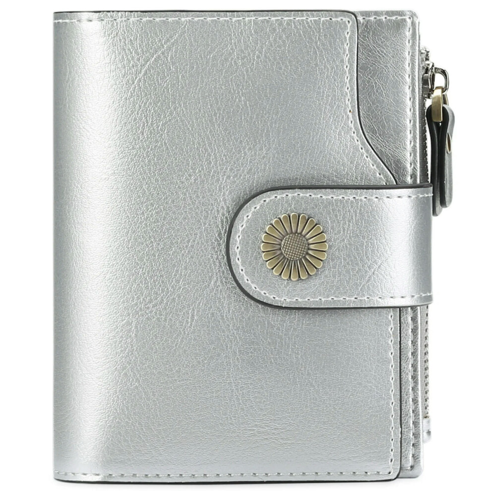 (Silver) SENDEFN Brand Fashion Women Wallet Genuine Leather RFID Protection Wallets With Zipper Girl Coin Purse Fold Card Holder Wallet