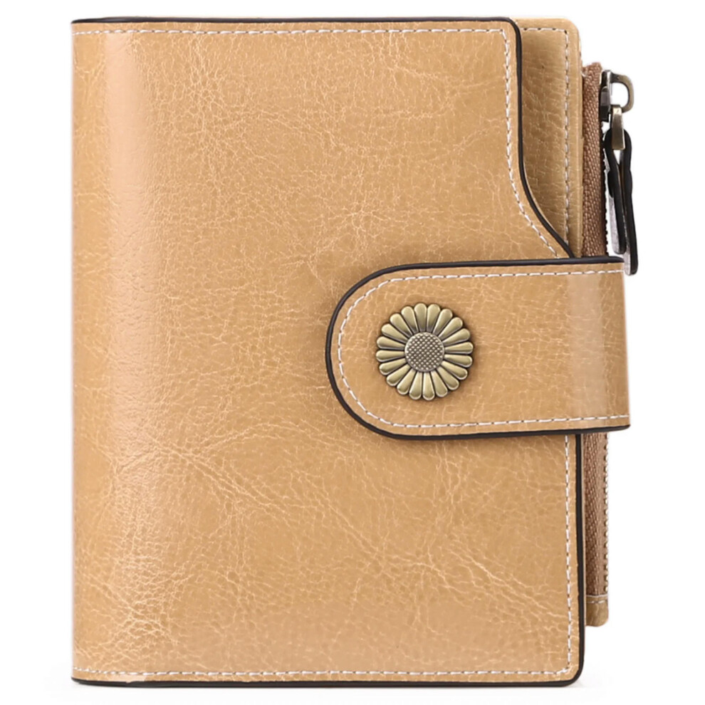 (Khaki) SENDEFN Brand Fashion Women Wallet Genuine Leather RFID Protection Wallets With Zipper Girl Coin Purse Fold Card Holder Wallet