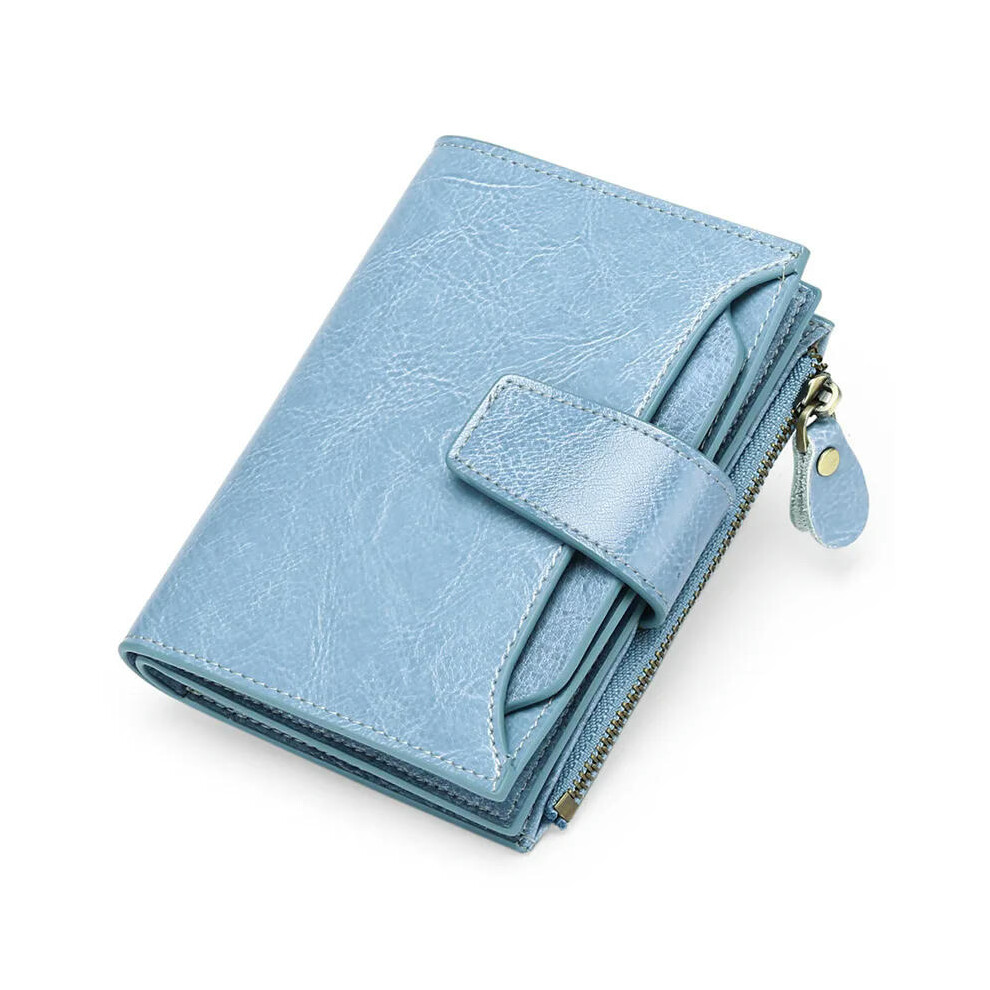 (Light Blue) 2024 New Short Women Wallets Genuine Leather Zipper Coin Pocket Women Purse Name Engraved Quality Card Holder Kpop Female Wallet