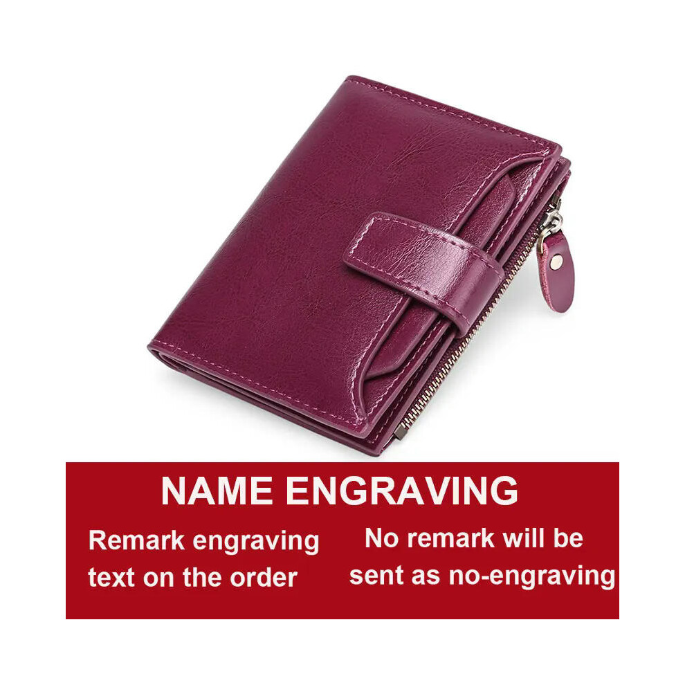 (Dark Purple Name) 2024 New Short Women Wallets Genuine Leather Zipper Coin Pocket Women Purse Name Engraved Quality Card Holder Kpop Female Wallet