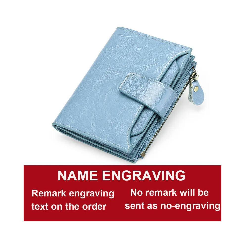 (Light Blue Name) 2024 New Short Women Wallets Genuine Leather Zipper Coin Pocket Women Purse Name Engraved Quality Card Holder Kpop Female Wallet